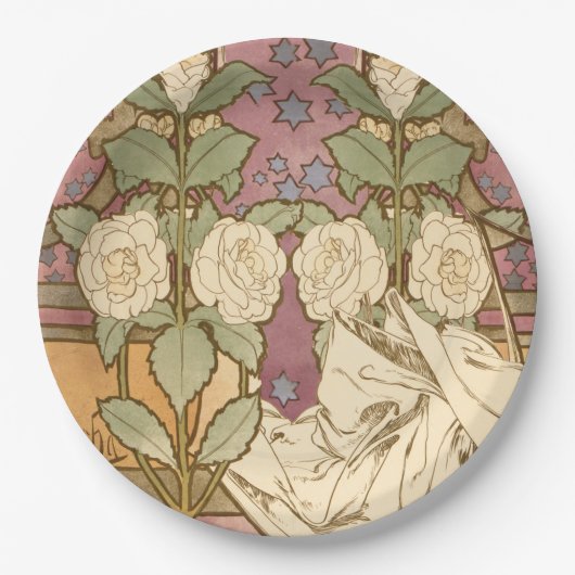 Alphonse Mucha Elegant Art Nouveau Stars Camellia Pappteller (Vorderseite)