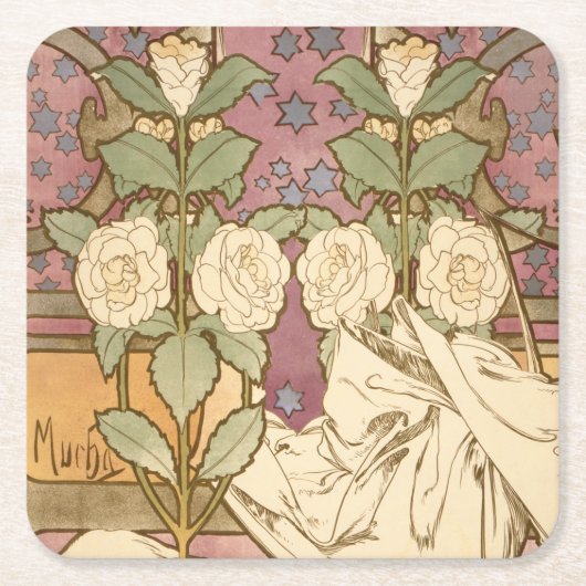 Alphonse Mucha Elegant Art Nouveau Stars Camellia  Rechteckiger Pappuntersetzer (Vorderseite)