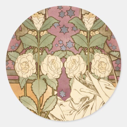 Alphonse Mucha Elegant Art Nouveau Stars Camellia Runder Aufkleber (Vorderseite)