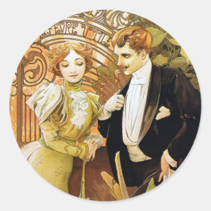 Alphonse Mucha Flirt Vintage Romantische Kunst Neu Runder Aufkleber