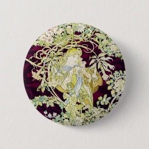 Alphonse Mucha Frau mit Gänseblümchen Art Nouveau  Button