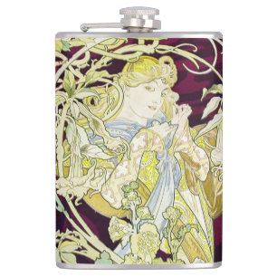 Alphonse Mucha Frau mit Gänseblümchen Art Nouveau  Flachmann