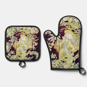 Alphonse Mucha Frau mit Gänseblümchen Art Nouveau Ofenhandschuh & Topflappen-Set