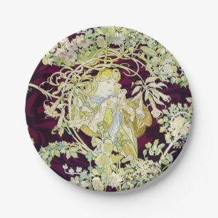 Alphonse Mucha Frau mit Gänseblümchen Art Nouveau  Pappteller