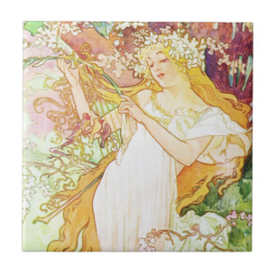 Alphonse Mucha Frühlingsblumen Vintage Art Nouveau Fliese