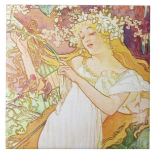Alphonse Mucha Frühlingsblumen Vintage Art Nouveau Fliese
