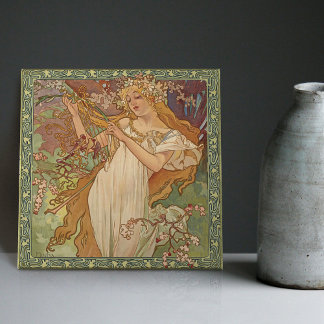 Alphonse Mucha Frühlingssaison Art Nouveau Vintage Fliese