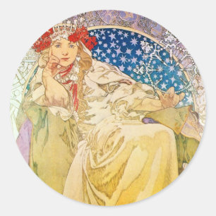 Alphonse Mucha Goddess Runder Aufkleber
