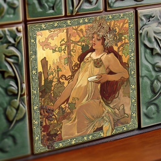 Alphonse Mucha Herbstsaison Jugendstil Vintag Fliese