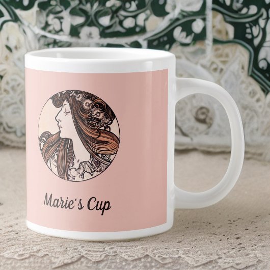 Alphonse Mucha Jugendstil-Frau mit rosa Blume Jumbo-Tasse