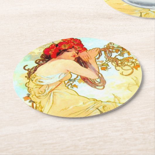 Alphonse Mucha Jugendstil Sommer Runder Pappuntersetzer (Angewinkelt)