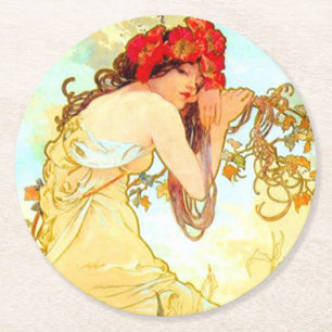 Alphonse Mucha Jugendstil Sommer Runder Pappuntersetzer