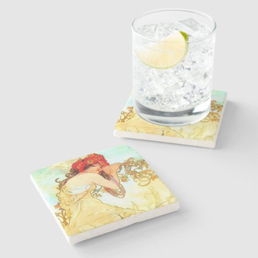 Alphonse Mucha Jugendstil Sommer Steinuntersetzer (Seitenansicht)