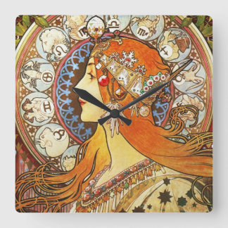 Alphonse Mucha La Plume Zodiac Art Nouveau Vintag Quadratische Wanduhr
