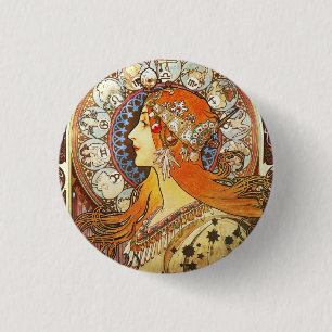 Alphonse Mucha La Plume Zodiac Art Nouveau Vintage Button
