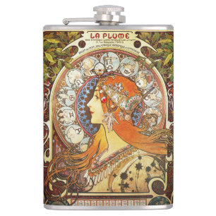 Alphonse Mucha La Plume Zodiac Art Nouveau Vintage Flachmann