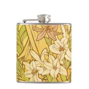 Alphonse Mucha-Lilien-Blumenmuster: Art Nouveau Flachmann