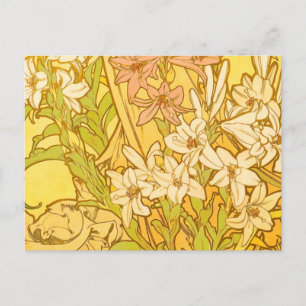 Alphonse Mucha-Lilien-Blumenmuster: Art Nouveau Postkarte