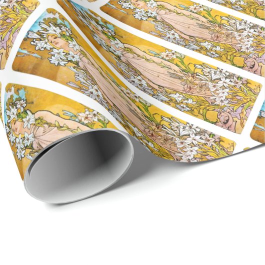 Alphonse Mucha - Lily - weiße Grenze Geschenkpapier (Rolleneckpunkt)