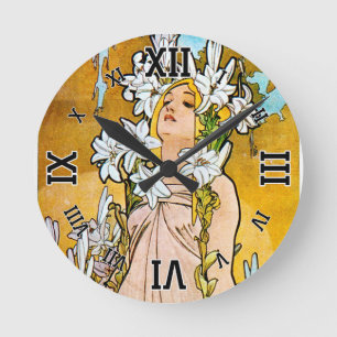 Alphonse Mucha - Lily - White Border Runde Wanduhr