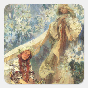 Alphonse Mucha Madonna der Lilien-Aufkleber Quadratischer Aufkleber