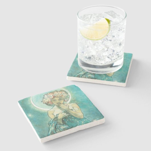 Alphonse Mucha Moonlight Clair De Lune Art Nouveau Steinuntersetzer (Seitenansicht)