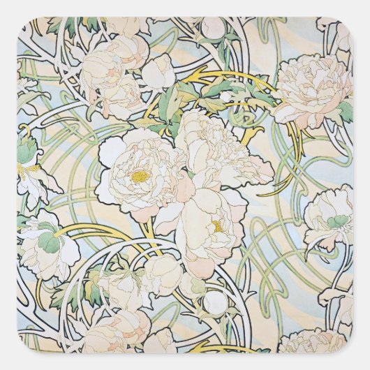 Alphonse Mucha Peonies Quadratischer Aufkleber (Vorderseite)