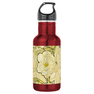 Alphonse Mucha Pfingstrosen Art Nouveau Blumenmust Edelstahlflasche