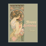 Alphonse Mucha Primrose CC0637 Geburtstagskarte Postkarte<br><div class="desc">Geburtstagskarte aus einem Gemälde des tschechischen Jugendstil-Künstlers Alphonse Mucha (Primrose,  1899). Ändern Sie den Namen 'Susan' auf der Vorderseite in den tatsächlichen Namen des Empfängers.</div>