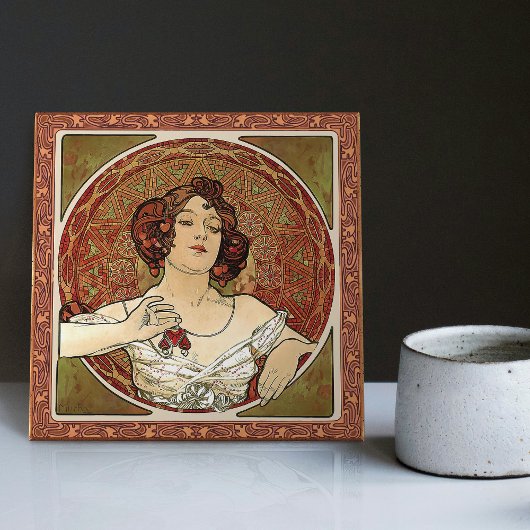 Alphonse Mucha "Ruby" Vintager Jugendstil Fliese