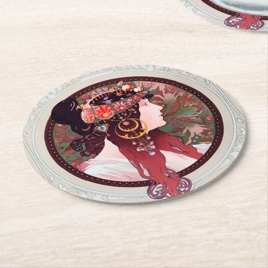 Alphonse Mucha Runder Pappuntersetzer (Angewinkelt)