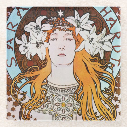 Alphonse Mucha Sarah Bernhardt Vintag Art Nouveau Glasuntersetzer (Vorderseite)