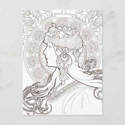 ALphonse Mucha Schwarz-Weiß zeichnend Postkarte (Vorderseite)