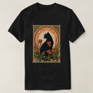 Alphonse Mucha Stil Schwarze Katze Art Nouveau T-Shirt