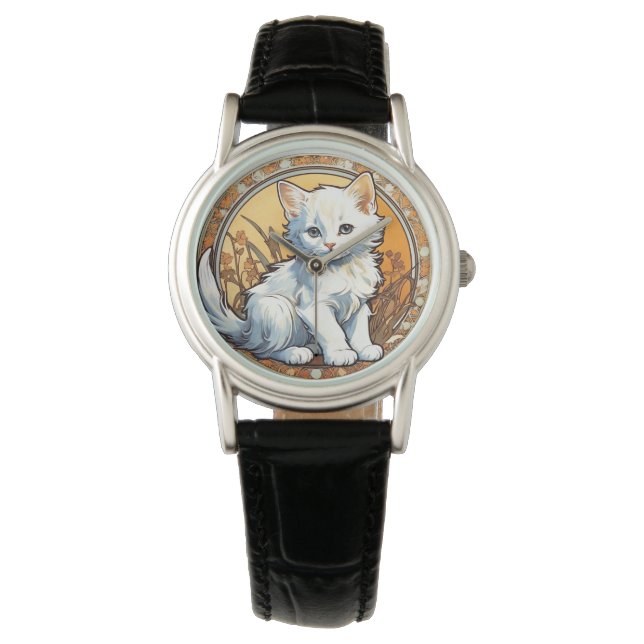 Alphonse Mucha Style Cat Armbanduhr (Vorderseite)