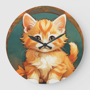 Alphonse Mucha Style Orange Cat Große Wanduhr