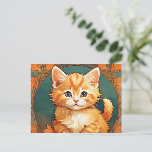 Alphonse Mucha Style Orange Cat Postkarte (Stehend Vorderseite)