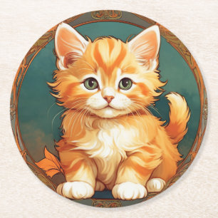 Alphonse Mucha Style Orange Cat Runder Pappuntersetzer