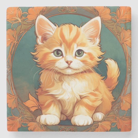 Alphonse Mucha Style Orange Cat Steinuntersetzer (Vorderseite)