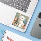 Alphonse Mucha Style White Cat Aufkleber (Laptop mit iPhone)