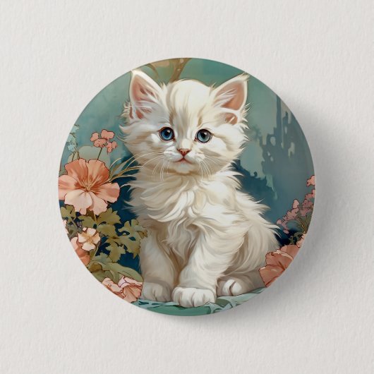 Alphonse Mucha Style White Cat Button (Vorderseite)