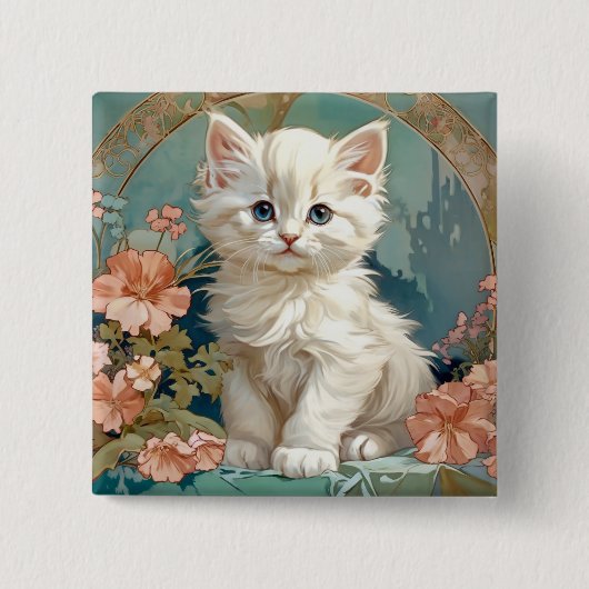 Alphonse Mucha Style White Cat Button (Vorderseite)