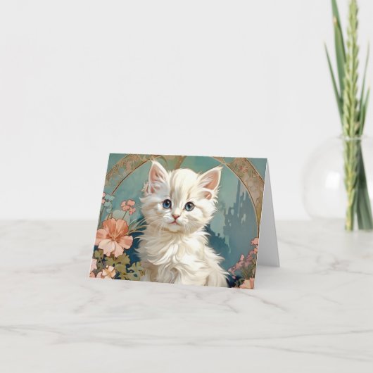 Alphonse Mucha Style White Cat Einladung (Vorderseite)
