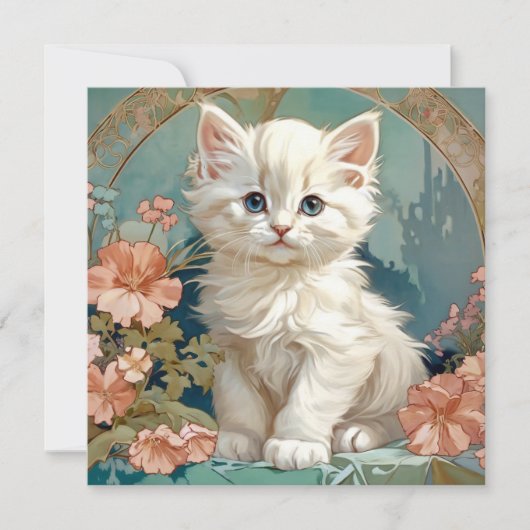 Alphonse Mucha Style White Cat Einladung (Vorderseite)