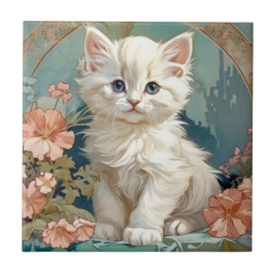 Alphonse Mucha Style White Cat Fliese