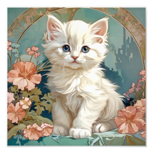 Alphonse Mucha Style White Cat Fotodruck (Vorne)