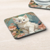 Alphonse Mucha Style White Cat Getränkeuntersetzer (Linke Seite)