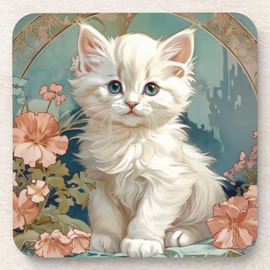 Alphonse Mucha Style White Cat Getränkeuntersetzer (Vorderseite)