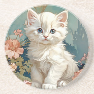 Alphonse Mucha Style White Cat Getränkeuntersetzer