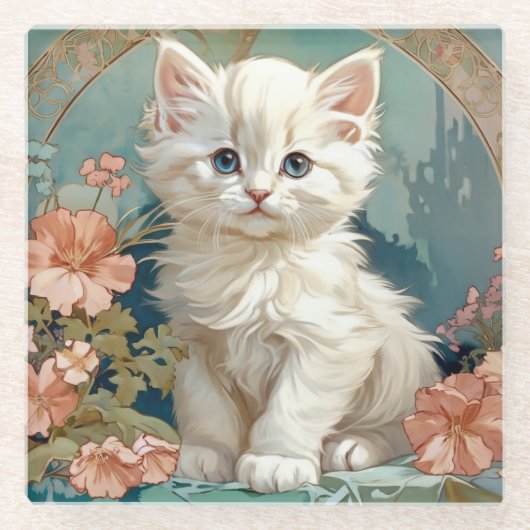 Alphonse Mucha Style White Cat Glasuntersetzer (Vorderseite)